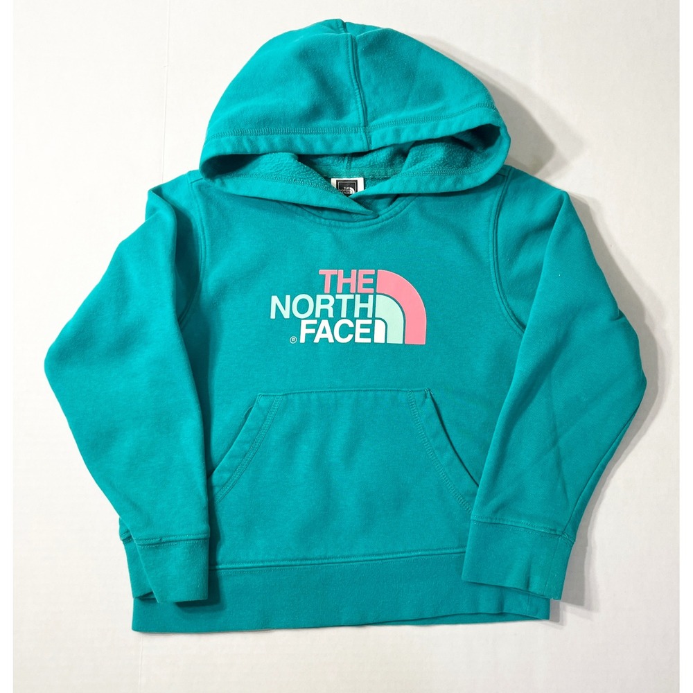 The North Face Pullover Hoodie Girls Small 7/8 Teal Green Pink Graphic Logo